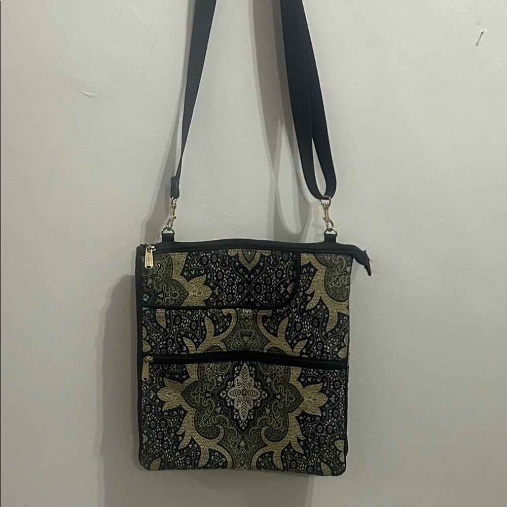 Chic Black and Gold Paisley Crossbody Bag